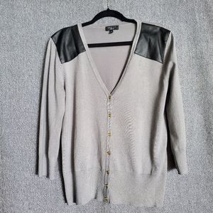 Spense Knits - Grey V-Neck Cardigan - Rayon/Poly Faux Leather Detail - XL - EUC